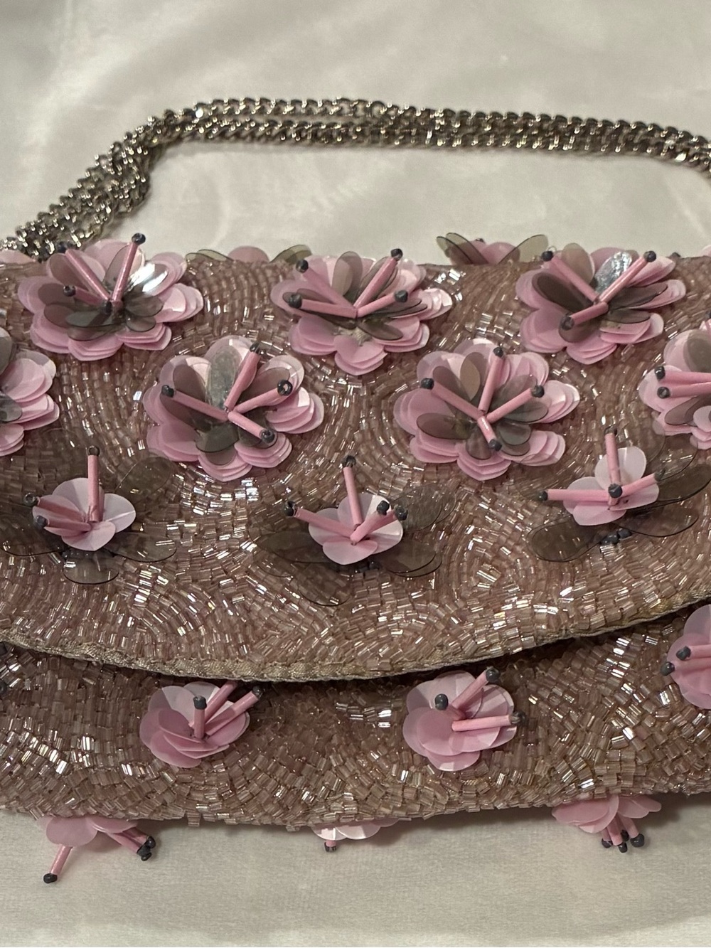 Beaded Floral Clutch Taupe/Pink Silver Chain Strap Snap Lined